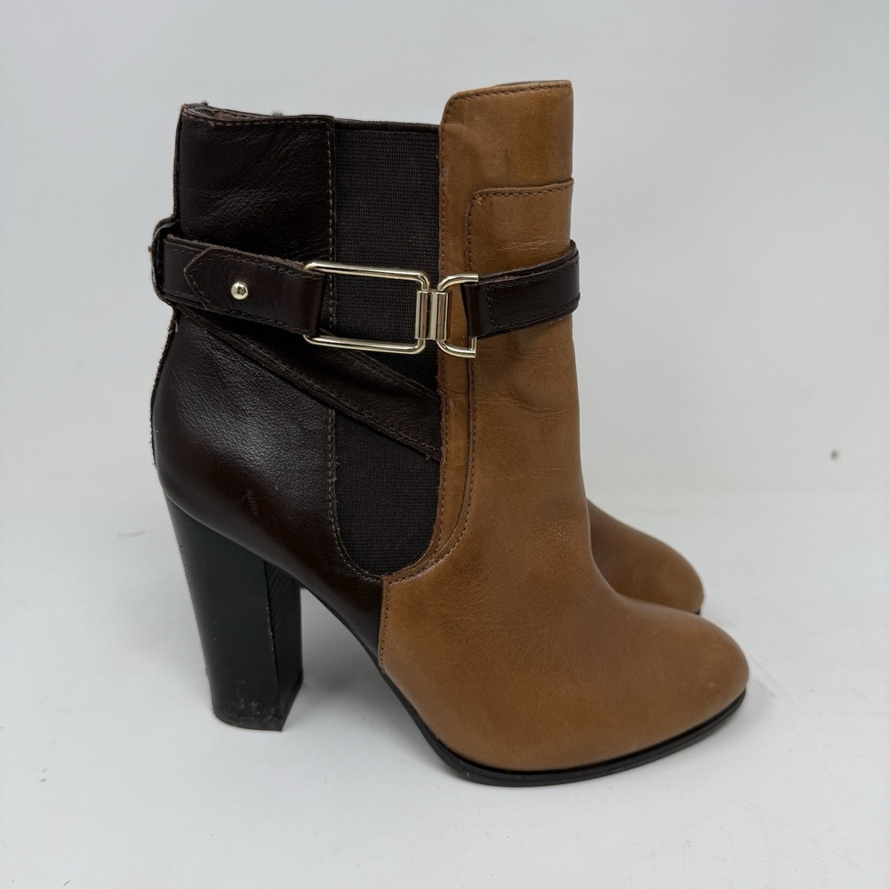 Aldo Women's 8.5 Leather High Heel Ankle Boots Brown Two Tone Straps Buckles